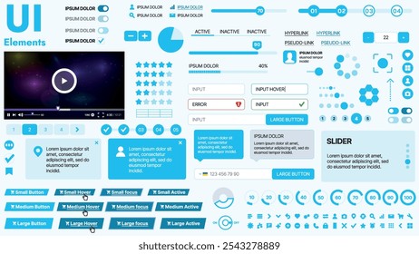 Moderno kit de interfaz de usuario con una colección de Botones esenciales, íconos y Elementos de navegación para Sitios web y App móviles. Ideal para un diseño y paneles de control adaptables.