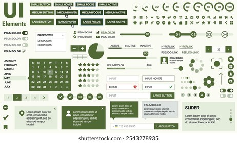 Kit de interface do usuário moderno com uma coleção de botões essenciais, ícones e elementos de navegação para sites e aplicativos móveis. Ideal para design e painéis com grande capacidade de resposta.