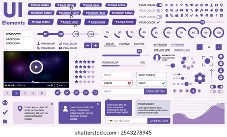 Kit de interface do usuário moderno com uma coleção de botões essenciais, ícones e elementos de navegação para sites e aplicativos móveis. Ideal para design e painéis com grande capacidade de resposta.