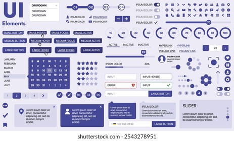 Moderno kit de interfaz de usuario con una colección de Botones esenciales, íconos y Elementos de navegación para Sitios web y App móviles. Ideal para un diseño y paneles de control adaptables.