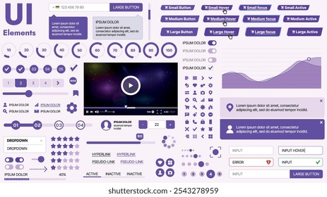 Moderno kit de interfaz de usuario con una colección de Botones esenciales, íconos y Elementos de navegación para Sitios web y App móviles. Ideal para un diseño y paneles de control adaptables.