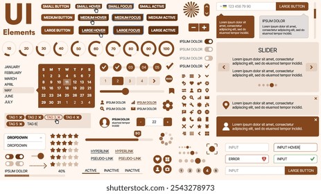 Kit de interface do usuário moderno com uma coleção de botões essenciais, ícones e elementos de navegação para sites e aplicativos móveis. Ideal para design e painéis com grande capacidade de resposta.