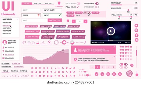 Moderno kit de interfaz de usuario con una colección de Botones esenciales, íconos y Elementos de navegación para Sitios web y App móviles. Ideal para un diseño y paneles de control adaptables.