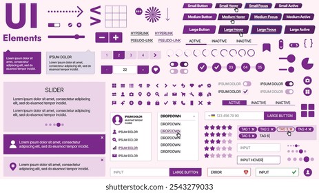 Kit de interface do usuário moderno com uma coleção de botões essenciais, ícones e elementos de navegação para sites e aplicativos móveis. Ideal para design e painéis com grande capacidade de resposta.