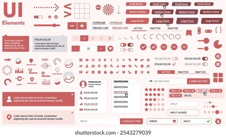 Moderno kit de interfaz de usuario con una colección de Botones esenciales, íconos y Elementos de navegación para Sitios web y App móviles. Ideal para un diseño y paneles de control adaptables.
