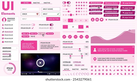 Moderno kit de interfaz de usuario con una colección de Botones esenciales, íconos y Elementos de navegación para Sitios web y App móviles. Ideal para un diseño y paneles de control adaptables.