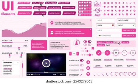 Kit de interface do usuário moderno com uma coleção de botões essenciais, ícones e elementos de navegação para sites e aplicativos móveis. Ideal para design e painéis com grande capacidade de resposta.