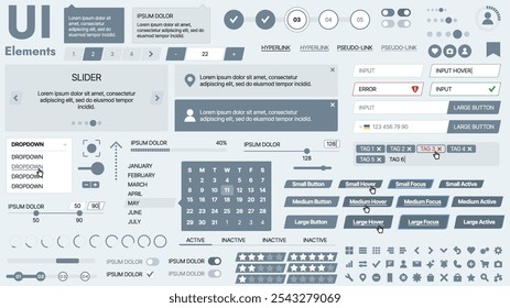 Modern UI kit featuring a collection of essential buttons, icons, and navigation elements for websites and mobile apps. Ideal for responsive design and dashboards.