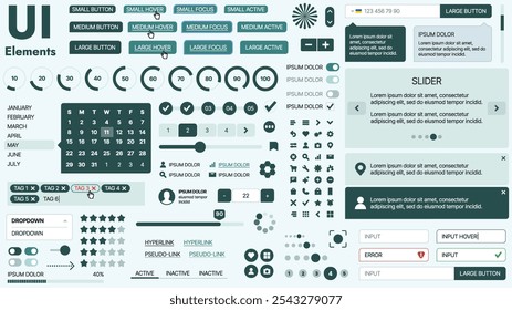 Moderno kit de interfaz de usuario con una colección de Botones esenciales, íconos y Elementos de navegación para Sitios web y App móviles. Ideal para un diseño y paneles de control adaptables.