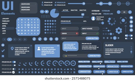 A modern UI kit featuring a collection of buttons, icons, navigation menus, and responsive design elements. Includes login forms, media players, search bars, and calendars, ideal for apps, websites