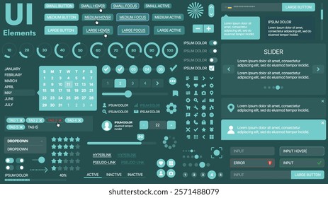 A modern UI kit featuring a collection of buttons, icons, navigation menus, and responsive design elements. Includes login forms, media players, search bars, and calendars, ideal for apps, websites