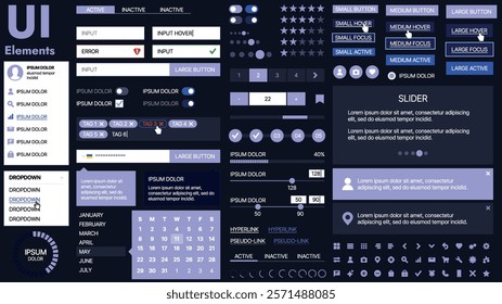 A modern UI kit featuring a collection of buttons, icons, navigation menus, and responsive design elements. Includes login forms, media players, search bars, and calendars, ideal for apps, websites