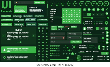 A modern UI kit featuring a collection of buttons, icons, navigation menus, and responsive design elements. Includes login forms, media players, search bars, and calendars, ideal for apps, websites
