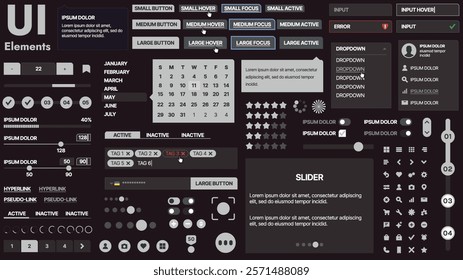 A modern UI kit featuring a collection of buttons, icons, navigation menus, and responsive design elements. Includes login forms, media players, search bars, and calendars, ideal for apps, websites