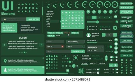 A modern UI kit featuring a collection of buttons, icons, navigation menus, and responsive design elements. Includes login forms, media players, search bars, and calendars, ideal for apps, websites