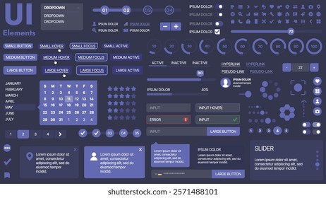 A modern UI kit featuring a collection of buttons, icons, navigation menus, and responsive design elements. Includes login forms, media players, search bars, and calendars, ideal for apps, websites
