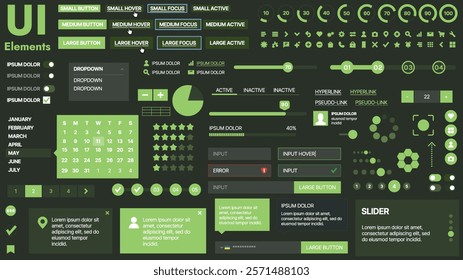 A modern UI kit featuring a collection of buttons, icons, navigation menus, and responsive design elements. Includes login forms, media players, search bars, and calendars, ideal for apps, websites