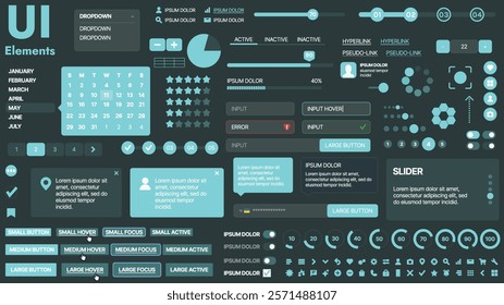 A modern UI kit featuring a collection of buttons, icons, navigation menus, and responsive design elements. Includes login forms, media players, search bars, and calendars, ideal for apps, websites