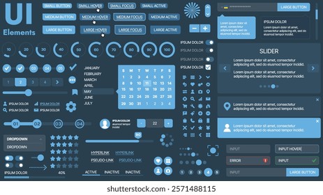 A modern UI kit featuring a collection of buttons, icons, navigation menus, and responsive design elements. Includes login forms, media players, search bars, and calendars, ideal for apps, websites