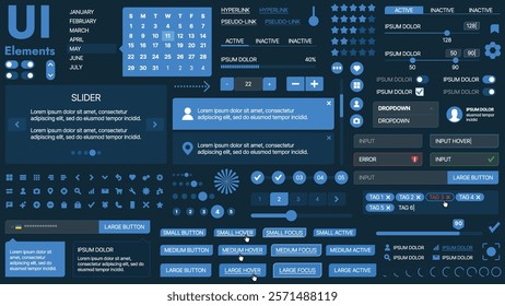 A modern UI kit featuring a collection of buttons, icons, navigation menus, and responsive design elements. Includes login forms, media players, search bars, and calendars, ideal for apps, websites