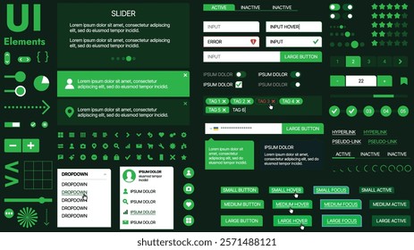 A modern UI kit featuring a collection of buttons, icons, navigation menus, and responsive design elements. Includes login forms, media players, search bars, and calendars, ideal for apps, websites