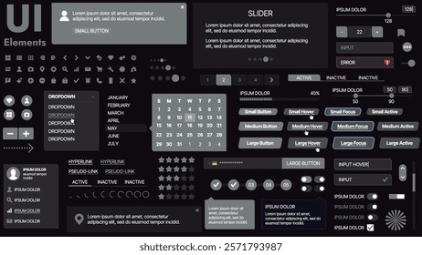 A modern UI kit featuring a collection of buttons, icons, navigation menus, and responsive design elements. Includes login forms, media players, search bars, and calendars, ideal for apps, websites