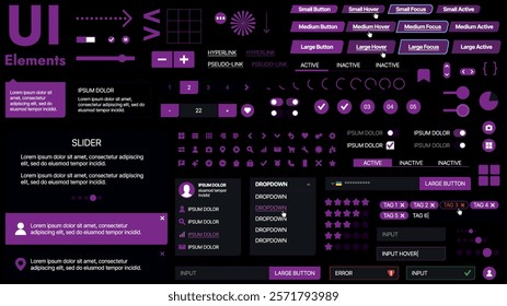 A modern UI kit featuring a collection of buttons, icons, navigation menus, and responsive design elements. Includes login forms, media players, search bars, and calendars, ideal for apps, websites