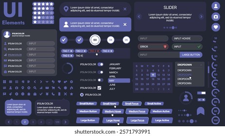 A modern UI kit featuring a collection of buttons, icons, navigation menus, and responsive design elements. Includes login forms, media players, search bars, and calendars, ideal for apps, websites