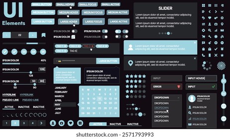 A modern UI kit featuring a collection of buttons, icons, navigation menus, and responsive design elements. Includes login forms, media players, search bars, and calendars, ideal for apps, websites