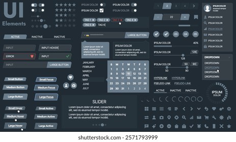 A modern UI kit featuring a collection of buttons, icons, navigation menus, and responsive design elements. Includes login forms, media players, search bars, and calendars, ideal for apps, websites