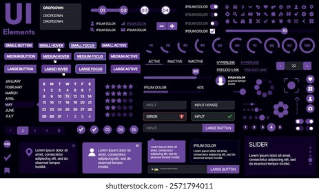 A modern UI kit featuring a collection of buttons, icons, navigation menus, and responsive design elements. Includes login forms, media players, search bars, and calendars, ideal for apps, websites
