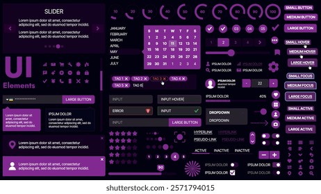 A modern UI kit featuring a collection of buttons, icons, navigation menus, and responsive design elements. Includes login forms, media players, search bars, and calendars, ideal for apps, websites