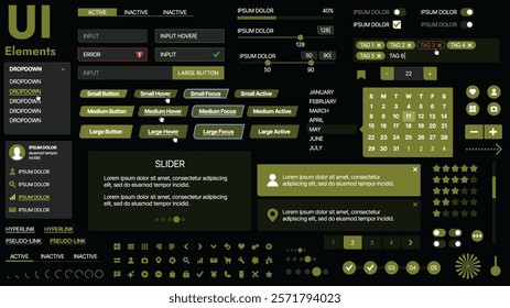 A modern UI kit featuring a collection of buttons, icons, navigation menus, and responsive design elements. Includes login forms, media players, search bars, and calendars, ideal for apps, websites