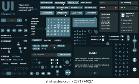 A modern UI kit featuring a collection of buttons, icons, navigation menus, and responsive design elements. Includes login forms, media players, search bars, and calendars, ideal for apps, websites
