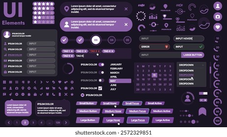 A modern UI kit featuring a collection of buttons, icons, navigation menus, and responsive design elements. Includes login forms, media players, search bars, and calendars, ideal for apps, websites