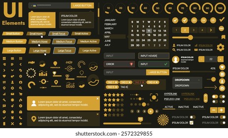 A modern UI kit featuring a collection of buttons, icons, navigation menus, and responsive design elements. Includes login forms, media players, search bars, and calendars, ideal for apps, websites