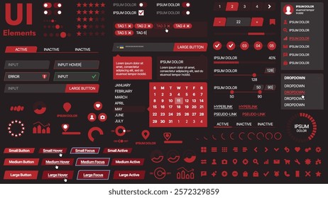 A modern UI kit featuring a collection of buttons, icons, navigation menus, and responsive design elements. Includes login forms, media players, search bars, and calendars, ideal for apps, websites
