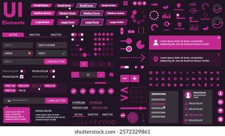 A modern UI kit featuring a collection of buttons, icons, navigation menus, and responsive design elements. Includes login forms, media players, search bars, and calendars, ideal for apps, websites