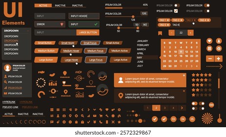 A modern UI kit featuring a collection of buttons, icons, navigation menus, and responsive design elements. Includes login forms, media players, search bars, and calendars, ideal for apps, websites