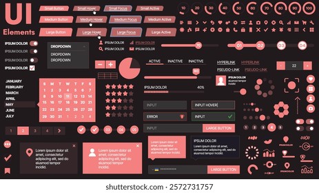 A modern UI kit featuring a collection of buttons, icons, navigation menus, and responsive design elements. Includes login forms, media players, search bars, and calendars, ideal for apps, websites