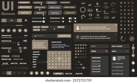 A modern UI kit featuring a collection of buttons, icons, navigation menus, and responsive design elements. Includes login forms, media players, search bars, and calendars, ideal for apps, websites