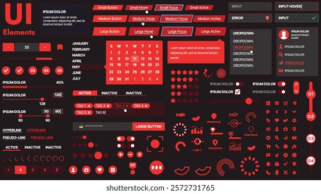 A modern UI kit featuring a collection of buttons, icons, navigation menus, and responsive design elements. Includes login forms, media players, search bars, and calendars, ideal for apps, websites