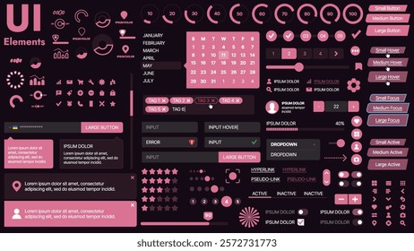 A modern UI kit featuring a collection of buttons, icons, navigation menus, and responsive design elements. Includes login forms, media players, search bars, and calendars, ideal for apps, websites