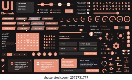 A modern UI kit featuring a collection of buttons, icons, navigation menus, and responsive design elements. Includes login forms, media players, search bars, and calendars, ideal for apps, websites