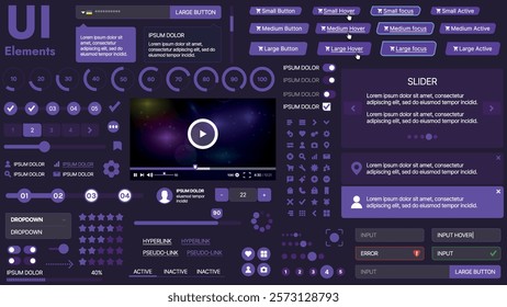 A modern UI kit featuring a collection of buttons, icons, navigation menus, and responsive design elements. Includes login forms, media players, search bars, and calendars, ideal for apps, websites