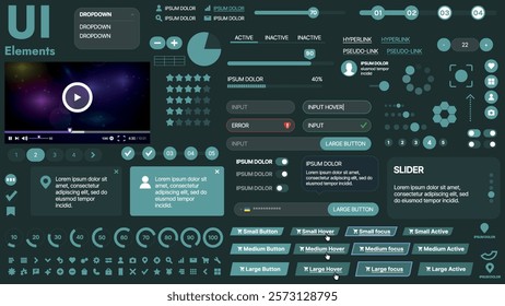 A modern UI kit featuring a collection of buttons, icons, navigation menus, and responsive design elements. Includes login forms, media players, search bars, and calendars, ideal for apps, websites