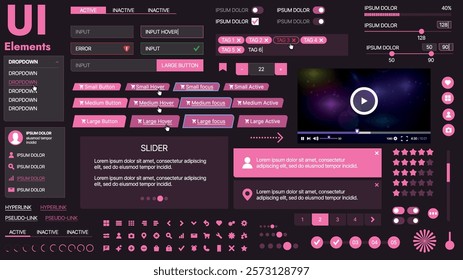 A modern UI kit featuring a collection of buttons, icons, navigation menus, and responsive design elements. Includes login forms, media players, search bars, and calendars, ideal for apps, websites