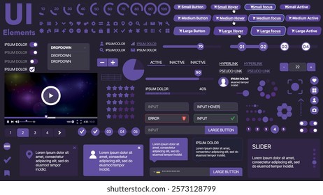 A modern UI kit featuring a collection of buttons, icons, navigation menus, and responsive design elements. Includes login forms, media players, search bars, and calendars, ideal for apps, websites