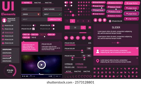 A modern UI kit featuring a collection of buttons, icons, navigation menus, and responsive design elements. Includes login forms, media players, search bars, and calendars, ideal for apps, websites
