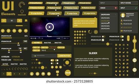 A modern UI kit featuring a collection of buttons, icons, navigation menus, and responsive design elements. Includes login forms, media players, search bars, and calendars, ideal for apps, websites